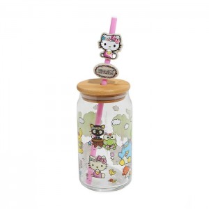 Hello Kitty Hello Kitty and Friends Flower Crowns Bamboo Lidded Glass Tumbler Colorati | RO_HK50373