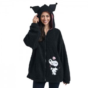 Hello Kitty Kuromi Cozy Sherpa Zip Lounge Hoodie Negrii | RO_HK74677