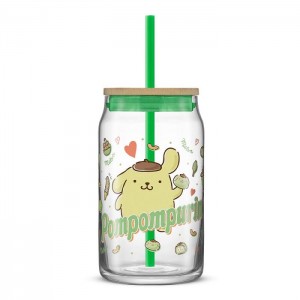 Hello Kitty Pompompurin Favorite Flavor Lidded Glass Tumbler Verzi | RO_HK30623