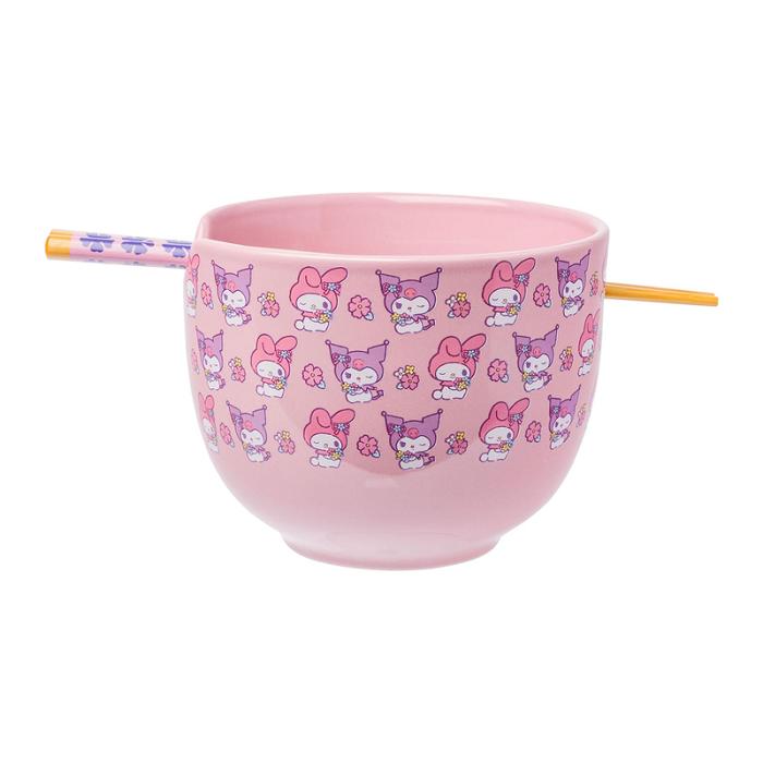 Hello Kitty My Melody & Kuromi Ceramic Ramen Bowl and Chopstick Set (Pastel Flowers) Roz | RO_HK80840